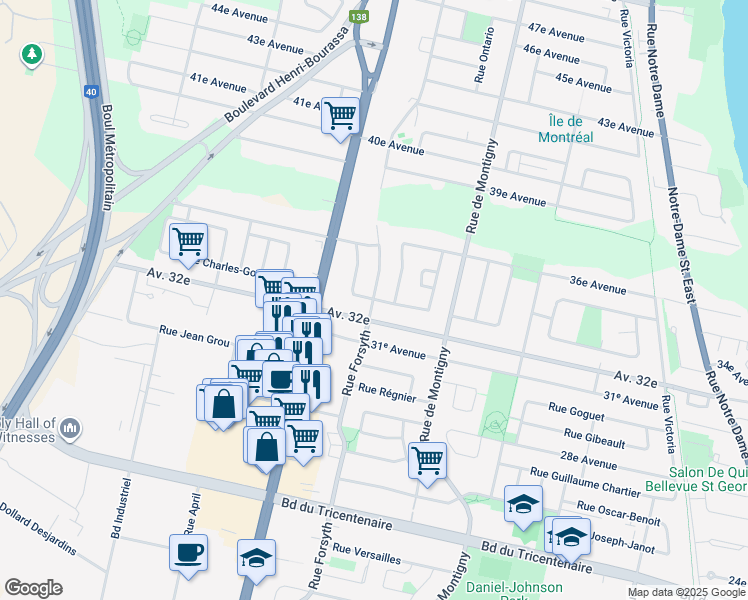 map of restaurants, bars, coffee shops, grocery stores, and more near 1954 Rue Edgar Prairie in Montreal