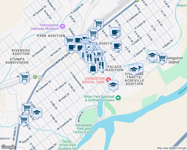 map of restaurants, bars, coffee shops, grocery stores, and more near 302 South 2nd Street in Livingston