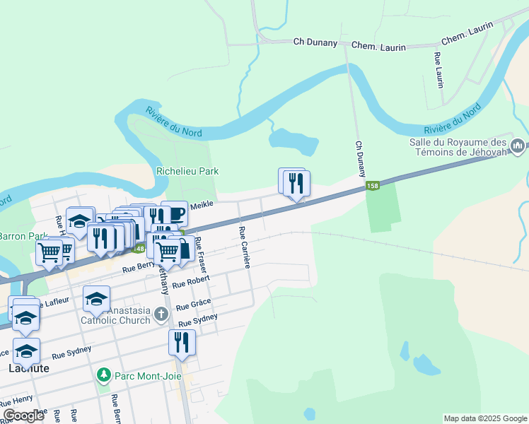map of restaurants, bars, coffee shops, grocery stores, and more near 695 Rue Principale in Lachute