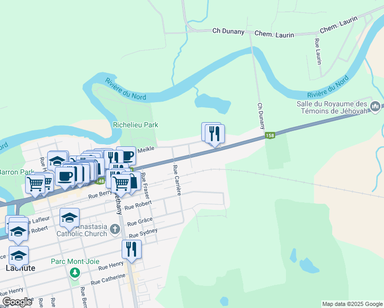 map of restaurants, bars, coffee shops, grocery stores, and more near 695 Rue Principale in Lachute