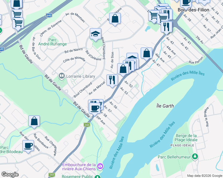 map of restaurants, bars, coffee shops, grocery stores, and more near 661 Boulevard Adolphe-Chapleau in Bois-des-Filion