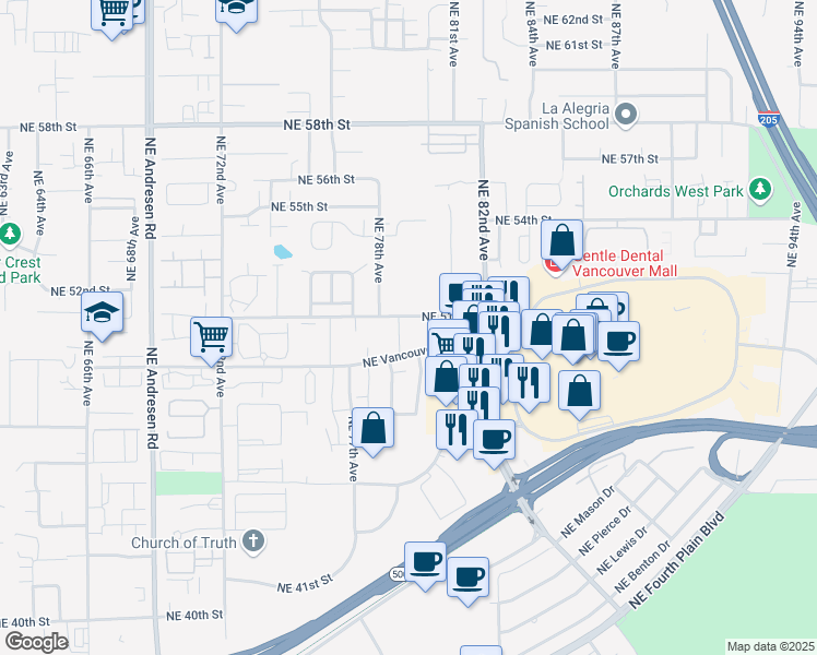 map of restaurants, bars, coffee shops, grocery stores, and more near 7900 Northeast Vancouver Mall Drive in Vancouver