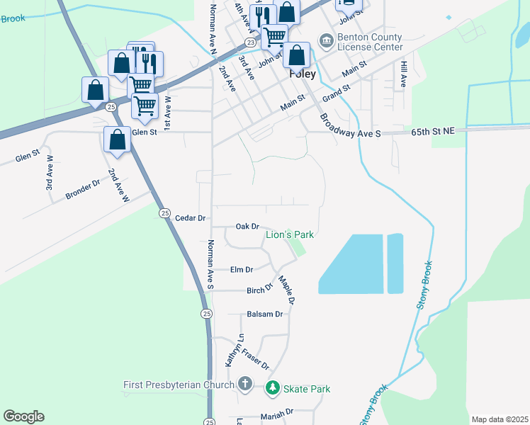 map of restaurants, bars, coffee shops, grocery stores, and more near 281 Oak Drive in Foley