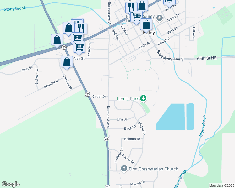 map of restaurants, bars, coffee shops, grocery stores, and more near 251 Oak Drive in Foley