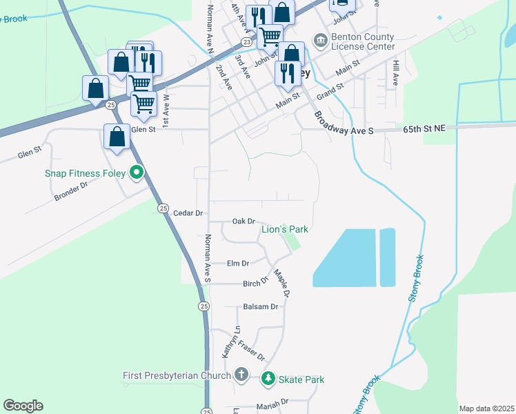 map of restaurants, bars, coffee shops, grocery stores, and more near 280 Pine Street in Foley