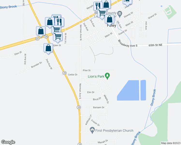 map of restaurants, bars, coffee shops, grocery stores, and more near 254 Pine Street in Foley
