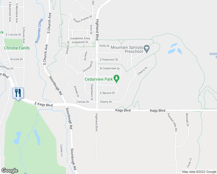 map of restaurants, bars, coffee shops, grocery stores, and more near 1134 North Spruce Drive in Bozeman