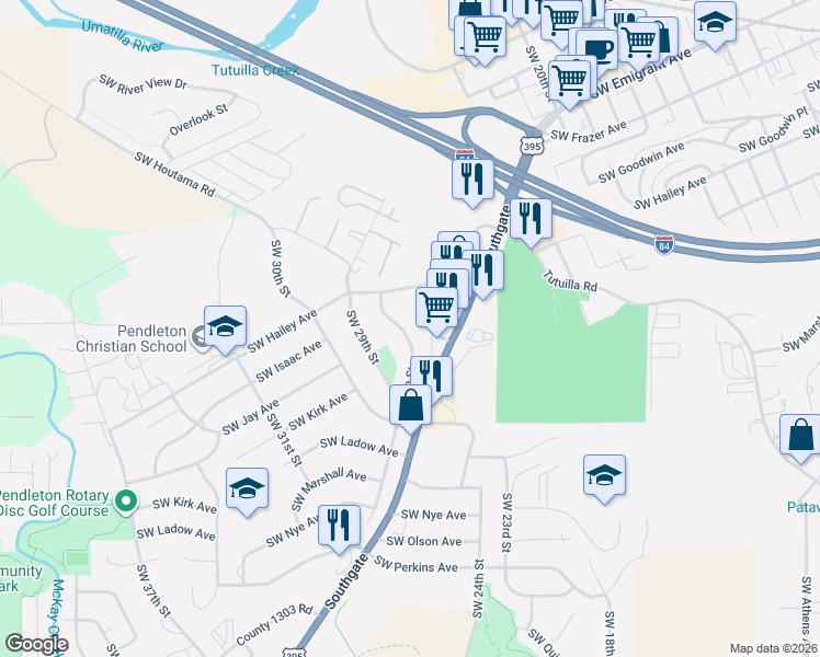 map of restaurants, bars, coffee shops, grocery stores, and more near 730 Southwest 28th Drive in Pendleton