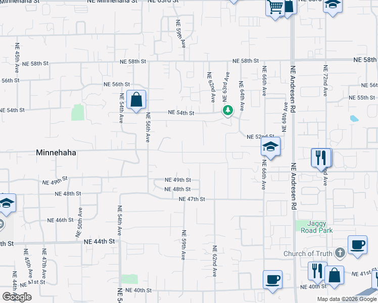 map of restaurants, bars, coffee shops, grocery stores, and more near 5807 Northeast 51st Street in Vancouver
