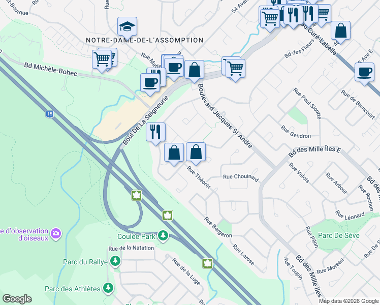 map of restaurants, bars, coffee shops, grocery stores, and more near 104 Rue des Violettes in Blainville