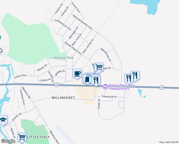 map of restaurants, bars, coffee shops, grocery stores, and more near 99 Fern Street in Millinocket