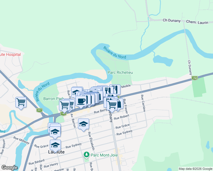 map of restaurants, bars, coffee shops, grocery stores, and more near 41 Rue Clyde in Lachute
