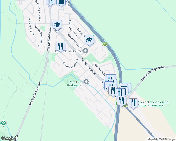 map of restaurants, bars, coffee shops, grocery stores, and more near 105 Rue du Froment in Varennes