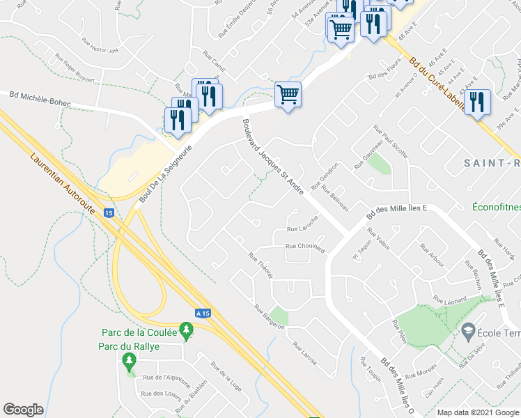 map of restaurants, bars, coffee shops, grocery stores, and more near 117 Rue des Violettes in Blainville