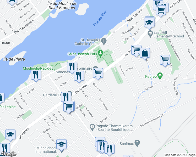 map of restaurants, bars, coffee shops, grocery stores, and more near 9958 Boulevard Perras in Montréal