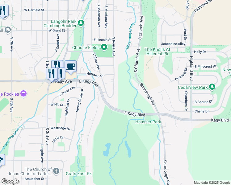 map of restaurants, bars, coffee shops, grocery stores, and more near 2020 South Rouse Avenue in Bozeman