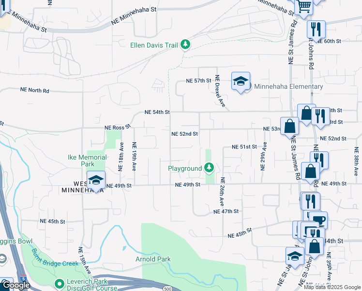 map of restaurants, bars, coffee shops, grocery stores, and more near 2307 Northeast 51st Street in Vancouver