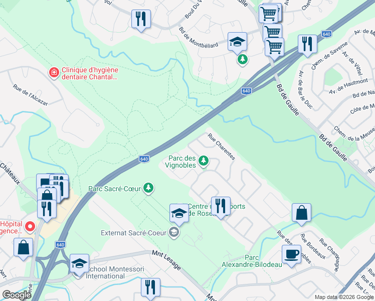 map of restaurants, bars, coffee shops, grocery stores, and more near 621 Rue du Sauterne in Rosemère