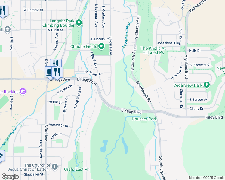 map of restaurants, bars, coffee shops, grocery stores, and more near 2020 South Rouse Avenue in Bozeman