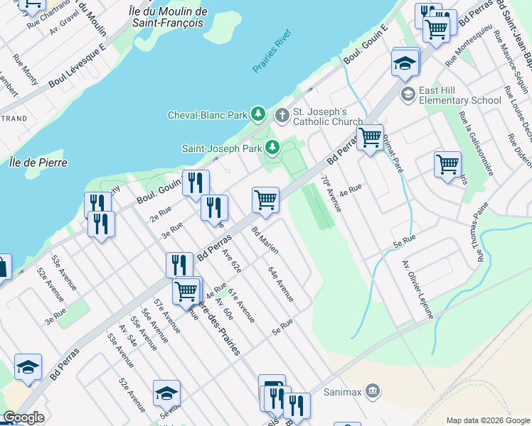 map of restaurants, bars, coffee shops, grocery stores, and more near 9958 Boulevard Perras in Montréal
