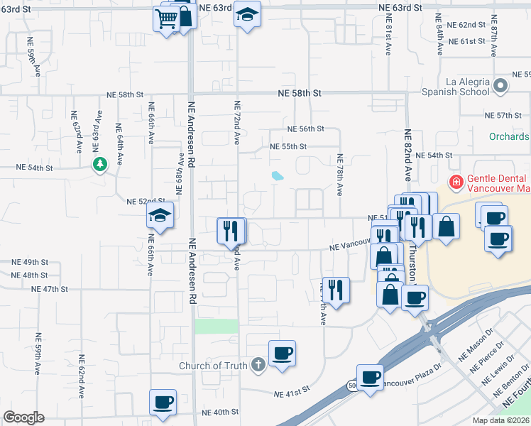 map of restaurants, bars, coffee shops, grocery stores, and more near 5103 Northeast 72nd Avenue in Vancouver