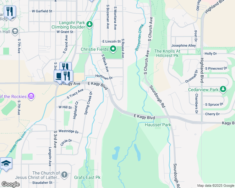 map of restaurants, bars, coffee shops, grocery stores, and more near 1905 South Rouse Avenue in Bozeman