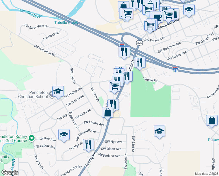 map of restaurants, bars, coffee shops, grocery stores, and more near 2710 Southwest Hailey Avenue in Pendleton