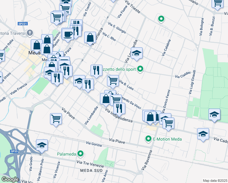 map of restaurants, bars, coffee shops, grocery stores, and more near 39 Via Lombardia in Meda