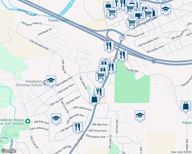 map of restaurants, bars, coffee shops, grocery stores, and more near 715 Southwest 27th Street in Pendleton
