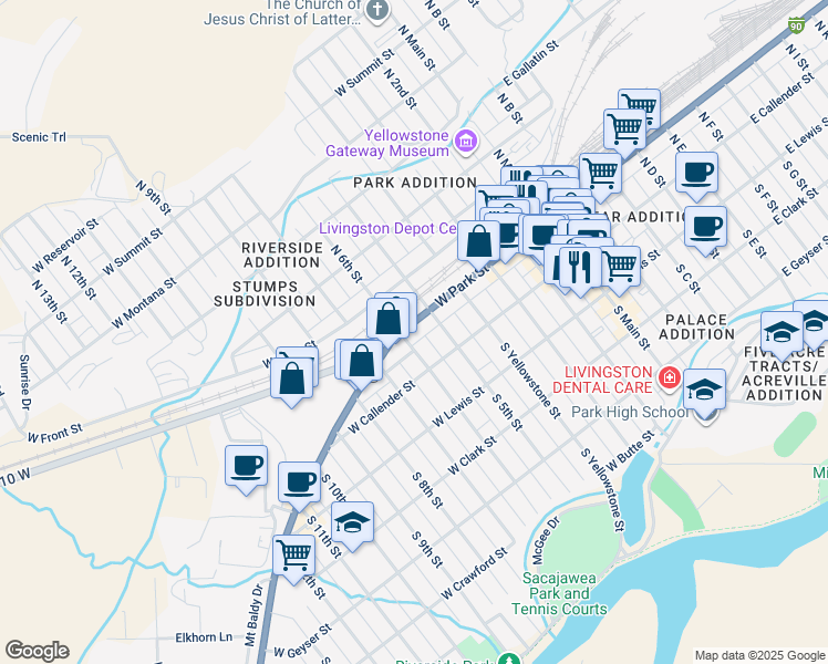 map of restaurants, bars, coffee shops, grocery stores, and more near 515 West Park Street in Livingston