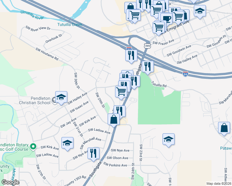 map of restaurants, bars, coffee shops, grocery stores, and more near 2710 Southwest Hailey Avenue in Pendleton
