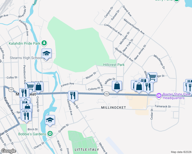 map of restaurants, bars, coffee shops, grocery stores, and more near 6 Winter Street in Millinocket
