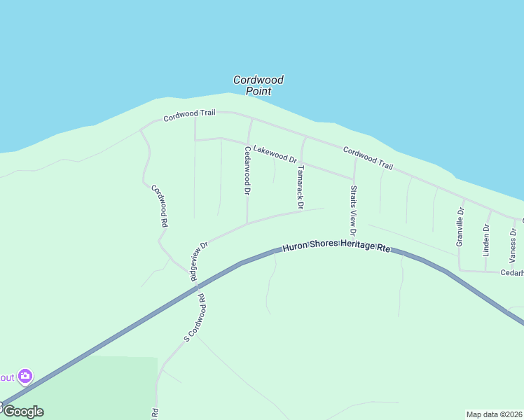 map of restaurants, bars, coffee shops, grocery stores, and more near 14230 Cedarwood Drive in Cheboygan