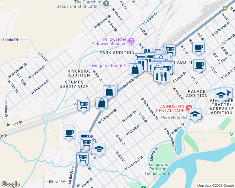 map of restaurants, bars, coffee shops, grocery stores, and more near 515 West Park Street in Livingston