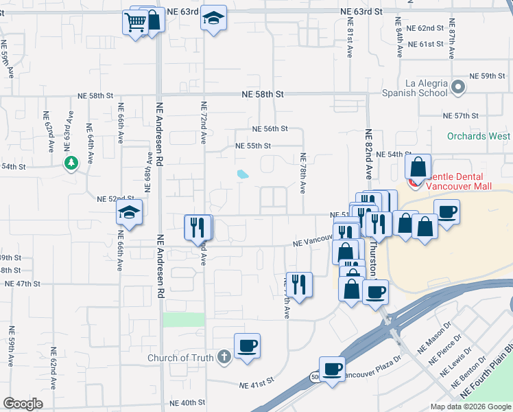 map of restaurants, bars, coffee shops, grocery stores, and more near 5118 Northeast 75th Avenue in Vancouver