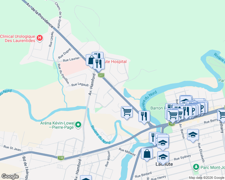map of restaurants, bars, coffee shops, grocery stores, and more near 99 Avenue de la Providence in Lachute