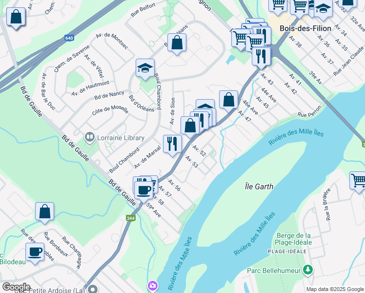 map of restaurants, bars, coffee shops, grocery stores, and more near 641 Boulevard Adolphe-Chapleau in Bois-des-Filion