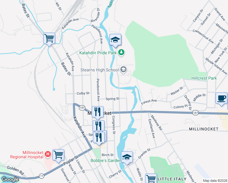 map of restaurants, bars, coffee shops, grocery stores, and more near 382 Congress Street in Millinocket