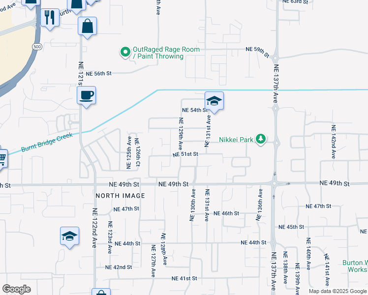map of restaurants, bars, coffee shops, grocery stores, and more near 5107 Northeast 129th Avenue in Vancouver