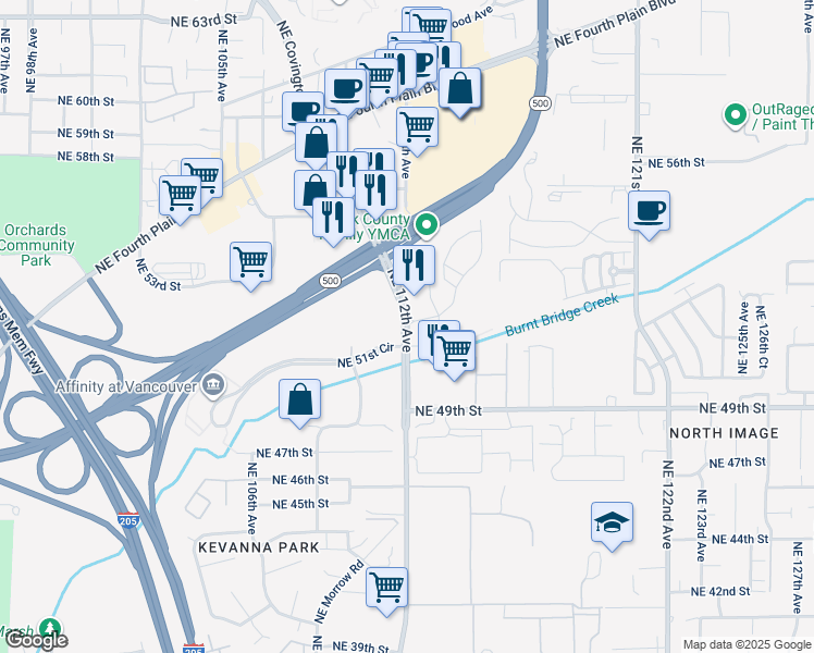 map of restaurants, bars, coffee shops, grocery stores, and more near 10420 Northeast 51st Circle in Vancouver