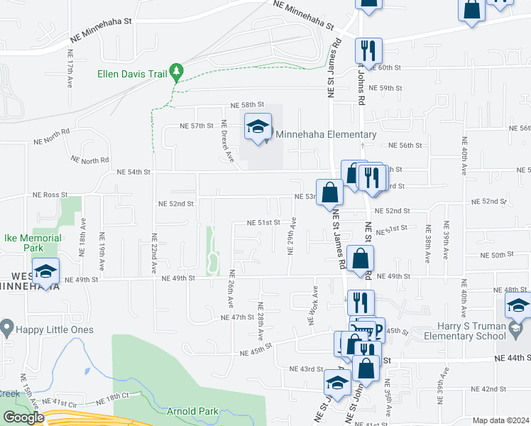 map of restaurants, bars, coffee shops, grocery stores, and more near 5212 Northeast 28th Court in Vancouver