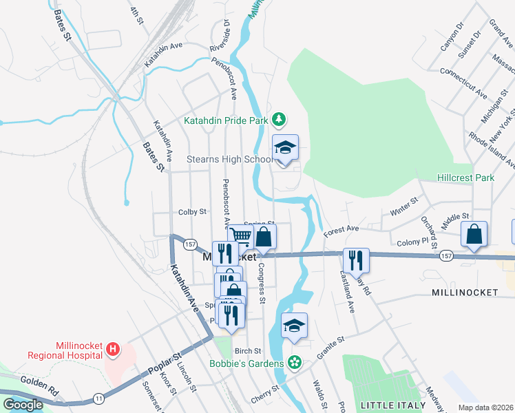 map of restaurants, bars, coffee shops, grocery stores, and more near 382 Congress Street in Millinocket