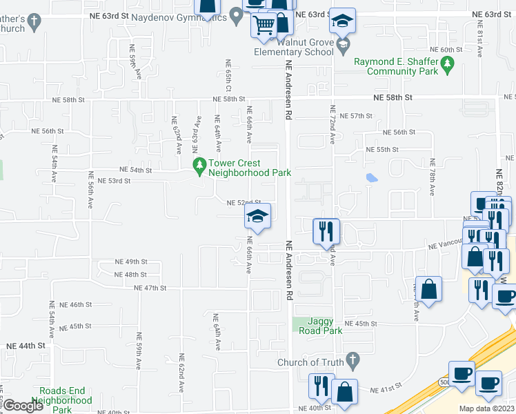 map of restaurants, bars, coffee shops, grocery stores, and more near 6605 Northeast 52nd Street in Vancouver