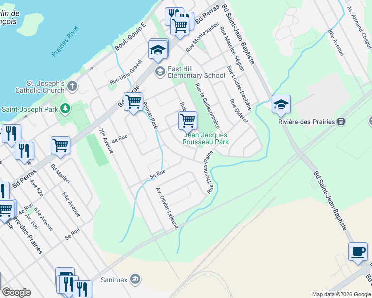 map of restaurants, bars, coffee shops, grocery stores, and more near 12268 Rue Marcelle-Gauvreau in Montréal