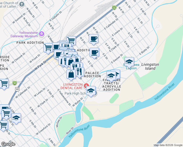 map of restaurants, bars, coffee shops, grocery stores, and more near 213 East Clark Street in Livingston
