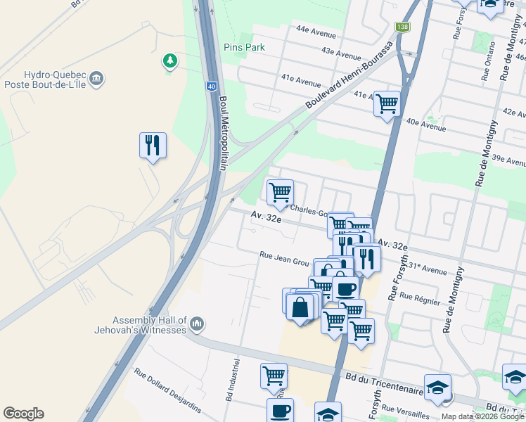 map of restaurants, bars, coffee shops, grocery stores, and more near 3719 Avenue 32e in Montréal