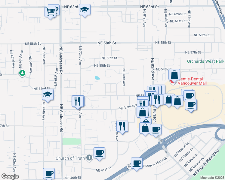 map of restaurants, bars, coffee shops, grocery stores, and more near 5111 Northeast 76th Avenue in Vancouver