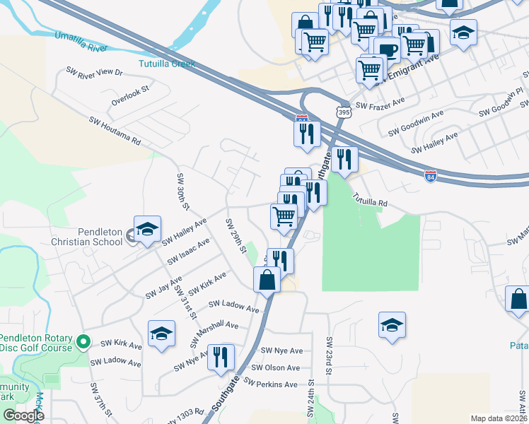 map of restaurants, bars, coffee shops, grocery stores, and more near 2710 Southwest Hailey Avenue in Pendleton