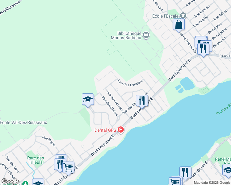 map of restaurants, bars, coffee shops, grocery stores, and more near 340 Rue des Magnolias in Laval