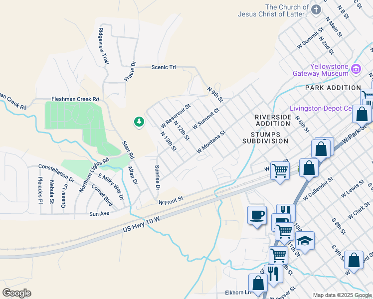 map of restaurants, bars, coffee shops, grocery stores, and more near 613 North 12th Street in Livingston